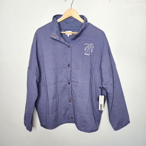 Revolve AMUSE SOCIETY Quilted Shacket L/XL Blue Snaps Embroidered Palm Tree - Picture 1 of 9